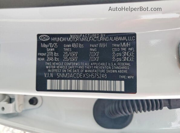 5NMJACDEXSH575248 2025 HYUNDAI TUCSON White Вид наклейки з VIN-кодом