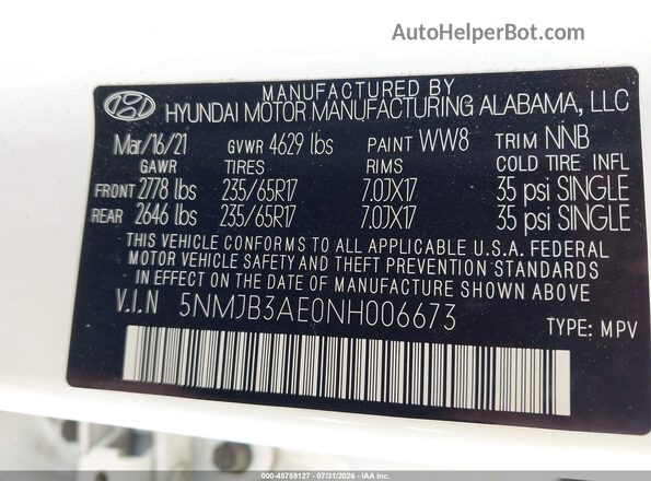 5NMJB3AE0NH006673 2022 HYUNDAI TUCSON White Շարժիչի բաժամունքի տեսք