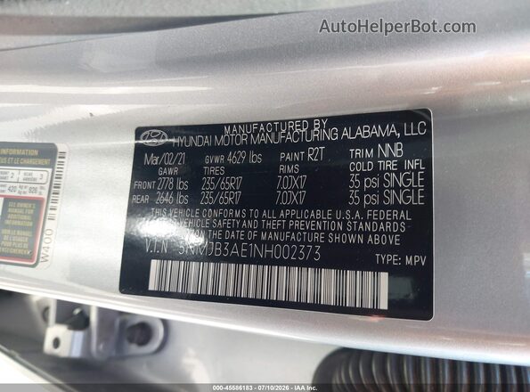 5NMJB3AE1NH002373 2022 HYUNDAI TUCSON Silver ძრავის განყოფილების ხედი