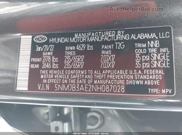 5NMJB3AE2NH087028 2022 HYUNDAI TUCSON Gray Շարժիչի բաժամունքի տեսք