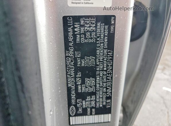 5NMJB3AE3NH079147 2022 HYUNDAI TUCSON Silver VIN sticker view