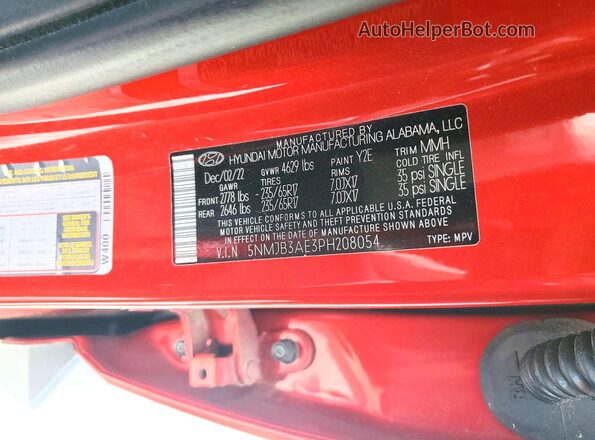 5NMJB3AE3PH208054 2023 HYUNDAI TUCSON Red VIN կոդի պիտակի տեսք