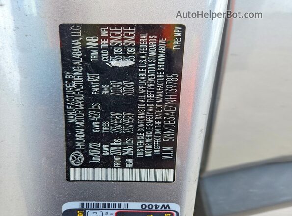 5NMJB3AE7NH139785 2022 HYUNDAI TUCSON Silver VIN sticker view