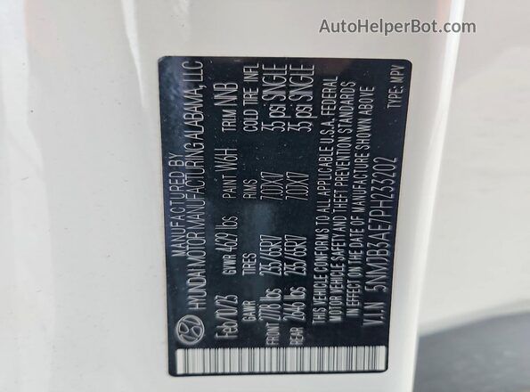 5NMJB3AE7PH233202 2023 HYUNDAI TUCSON White Vista de la etiqueta del VIN