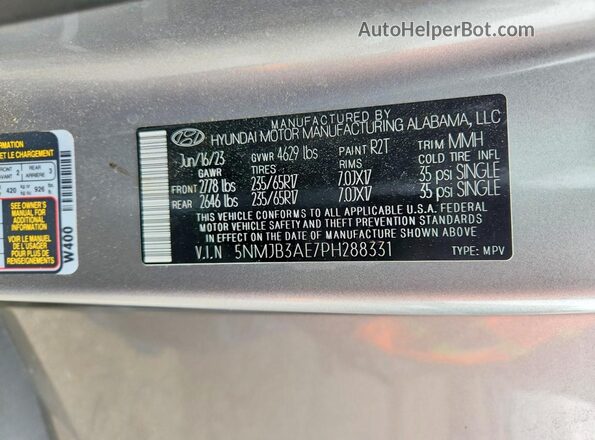 5NMJB3AE7PH288331 2023 HYUNDAI TUCSON Silver სალონის 360-გრადუსიანი ხედი