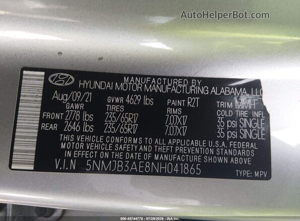 5NMJB3AE8NH041865 2022 HYUNDAI TUCSON Gray ძრავის განყოფილების ხედი