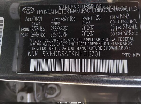 5NMJB3AE9NH012701 2022 HYUNDAI TUCSON Gray Widok komory silnika