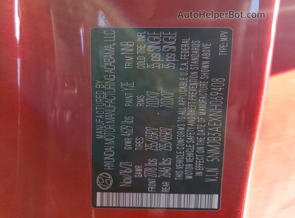 5NMJB3AEXNH069408 2022 HYUNDAI TUCSON Red Панорамний вид салону 360°