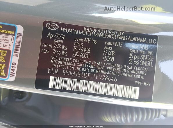 5NMJB3DE1TH728646 2026 HYUNDAI TUCSON Gray Вид підкапотного простору