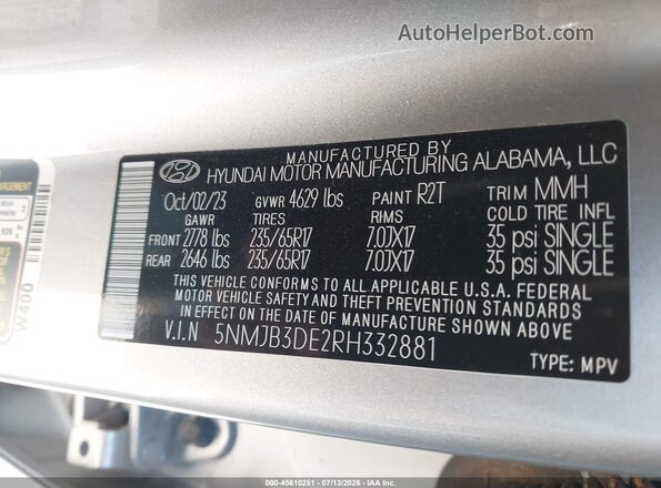 5NMJB3DE2RH332881 2024 HYUNDAI TUCSON Silver Շարժիչի բաժամունքի տեսք