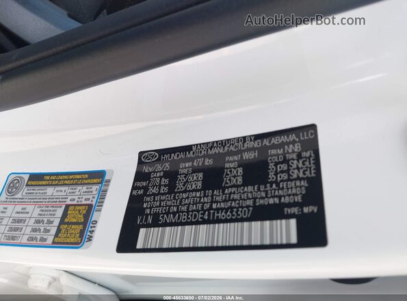 5NMJB3DE4TH663307 2026 HYUNDAI TUCSON White Widok komory silnika