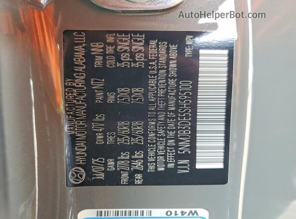 5NMJB3DE5SH595100 2025 HYUNDAI TUCSON Gray VIN კოდის სტიკერის ხედი