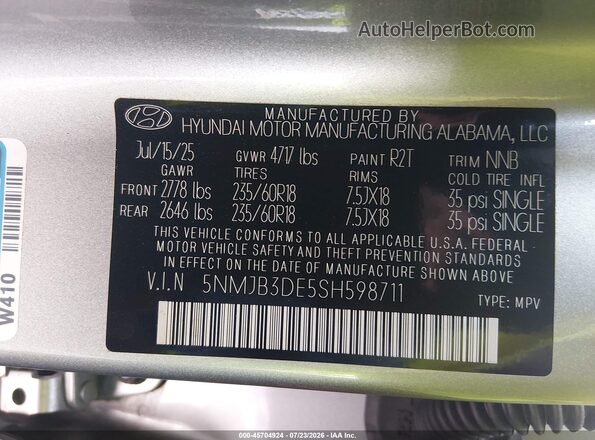 5NMJB3DE5SH598711 2025 HYUNDAI TUCSON Gray Vista del compartimento del motor