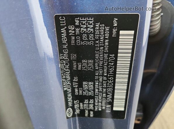 5NMJB3DE6TH624704 2026 HYUNDAI TUCSON Blue VIN კოდის სტიკერის ხედი
