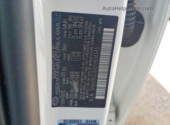 5NMJB3DE6TH636545 2026 HYUNDAI TUCSON White Vista de la etiqueta del VIN