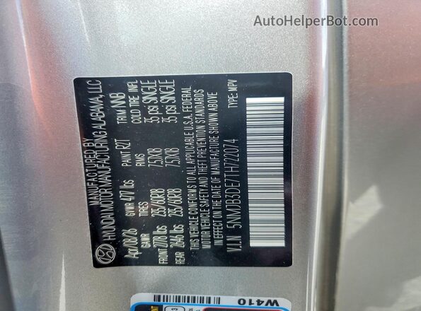 5NMJB3DE7TH722074 2026 HYUNDAI TUCSON Серый Вид наклейки с VIN-кодом