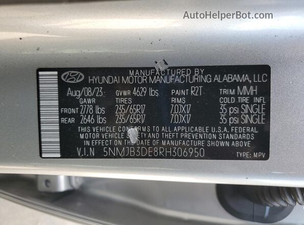 5NMJB3DE8RH306950 2024 HYUNDAI TUCSON Silver VIN კოდის სტიკერის ხედი