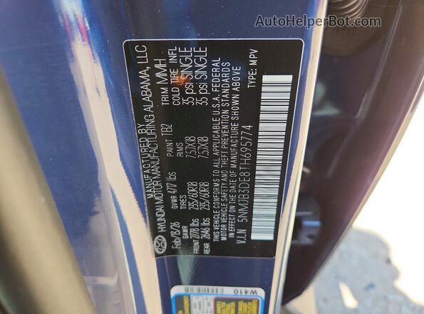 5NMJB3DE8TH695774 2026 HYUNDAI TUCSON Blue Вид наклейки з VIN-кодом