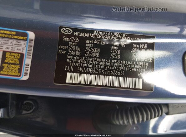 5NMJB3DEXTH626651 2026 HYUNDAI TUCSON Blue Widok komory silnika