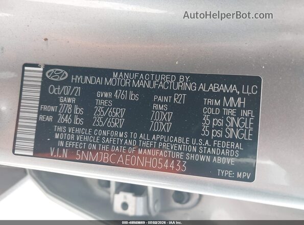 5NMJBCAE0NH054433 2022 HYUNDAI TUCSON Silver Widok komory silnika