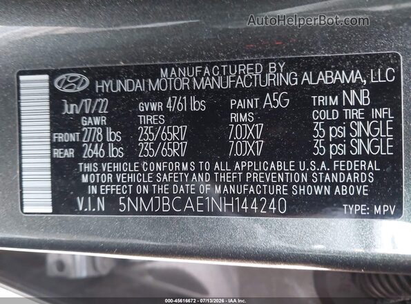 5NMJBCAE1NH144240 2022 HYUNDAI TUCSON Gray Շարժիչի բաժամունքի տեսք