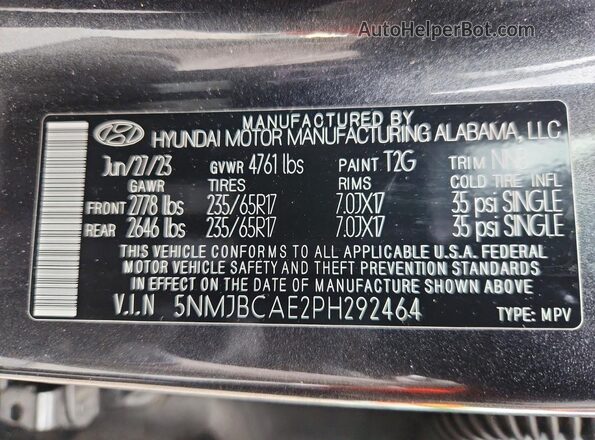 5NMJBCAE2PH292464 2023 HYUNDAI TUCSON Gray VIN sticker view
