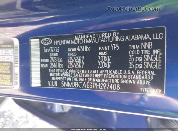 5NMJBCAE3PH292408 2023 HYUNDAI TUCSON Синий Вид подкапотного пространства