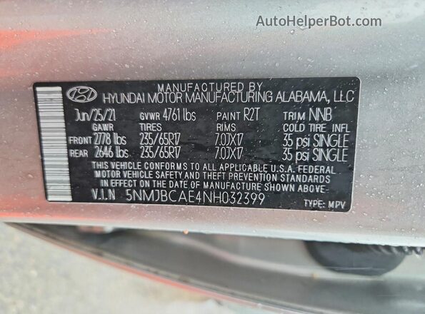 5NMJBCAE4NH032399 2022 HYUNDAI TUCSON Silver Vista interior de 360 grados