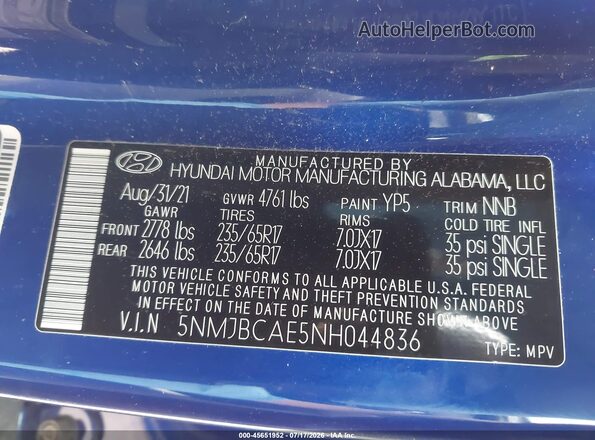 5NMJBCAE5NH044836 2022 HYUNDAI TUCSON Blue Engine compartment view