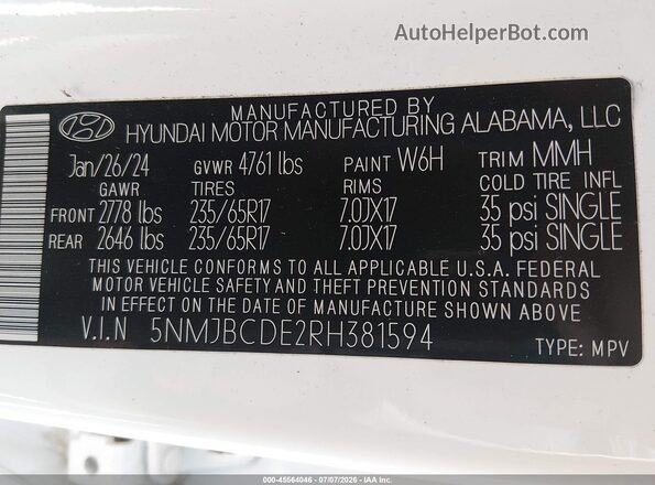 5NMJBCDE2RH381594 2024 HYUNDAI TUCSON White Вид підкапотного простору