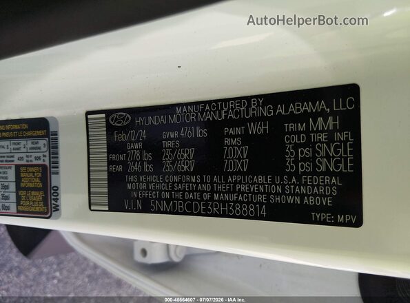 5NMJBCDE3RH388814 2024 HYUNDAI TUCSON White Widok komory silnika