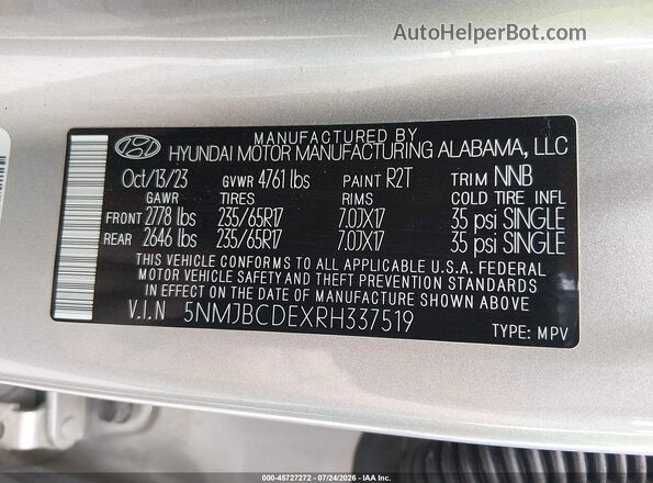 5NMJBCDEXRH337519 2024 HYUNDAI TUCSON Silver Widok komory silnika