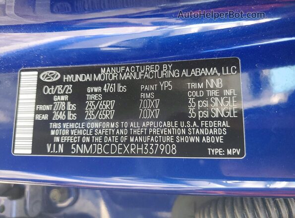 5NMJBCDEXRH337908 2024 HYUNDAI TUCSON Blue Vista de la etiqueta del VIN