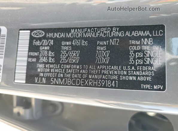 5NMJBCDEXRH391841 2024 HYUNDAI TUCSON Gray Սալոնի 360 աստիճան տեսք