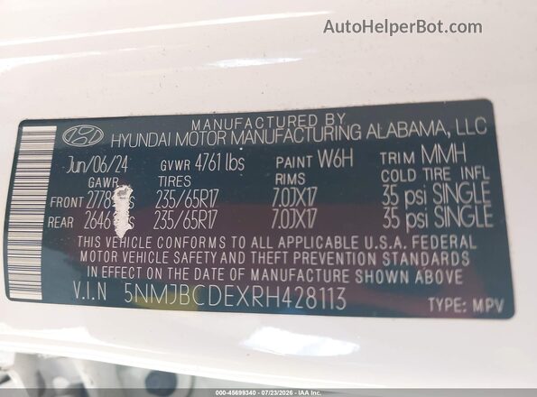 5NMJBCDEXRH428113 2024 HYUNDAI TUCSON White Вид підкапотного простору