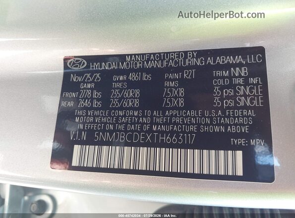 5NMJBCDEXTH663117 2026 HYUNDAI TUCSON Серебряный Вид подкапотного пространства
