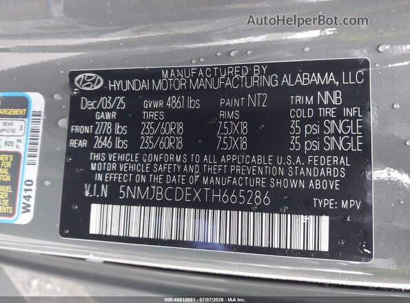 5NMJBCDEXTH665286 2026 HYUNDAI TUCSON Gray ძრავის განყოფილების ხედი