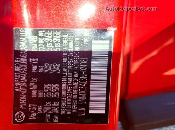 5NMJC3AE3NH024081 2022 HYUNDAI TUCSON Red Вид наклейки з VIN-кодом