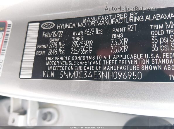 5NMJC3AE3NH096950 2022 HYUNDAI TUCSON Silver Widok komory silnika