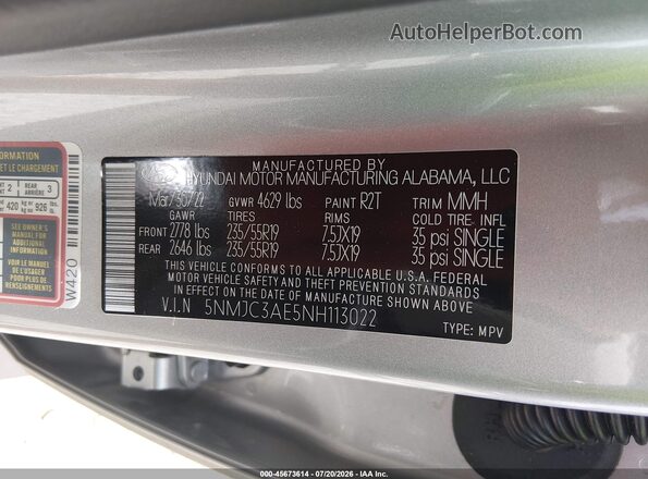 5NMJC3AE5NH113022 2022 HYUNDAI TUCSON Silver Vista del compartimento del motor