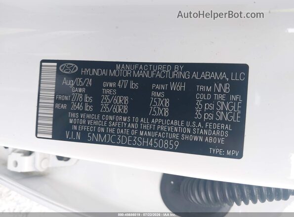 5NMJC3DE3SH450859 2025 HYUNDAI TUCSON White Widok komory silnika