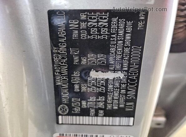 5NMJCCAE0NH100002 2022 HYUNDAI TUCSON Silver VIN კოდის სტიკერის ხედი