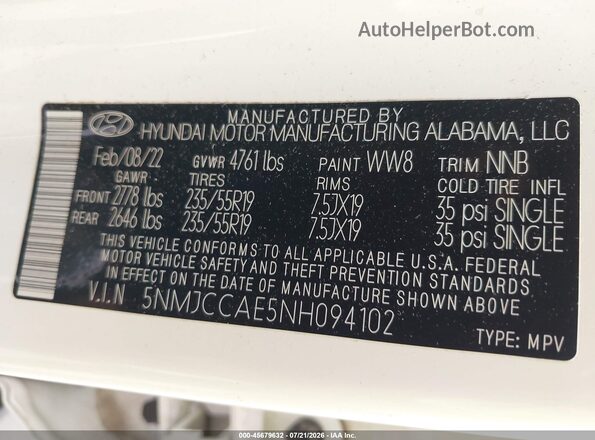 5NMJCCAE5NH094102 2022 HYUNDAI TUCSON White Շարժիչի բաժամունքի տեսք