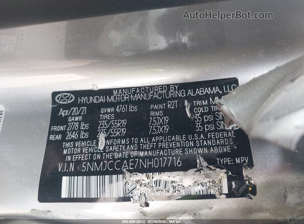 5NMJCCAE7NH017716 2022 HYUNDAI TUCSON Silver ძრავის განყოფილების ხედი