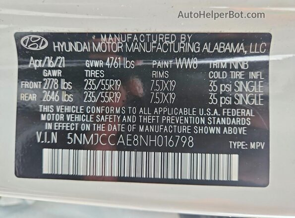 5NMJCCAE8NH016798 2022 HYUNDAI TUCSON White Вид наклейки з VIN-кодом