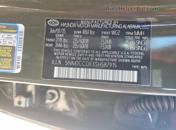 5NMJCCDE3SH587915 2025 HYUNDAI TUCSON Green VIN კოდის სტიკერის ხედი