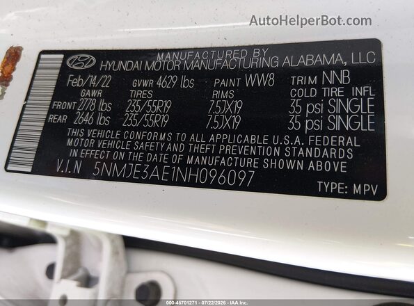 5NMJE3AE1NH096097 2022 HYUNDAI TUCSON White Widok komory silnika