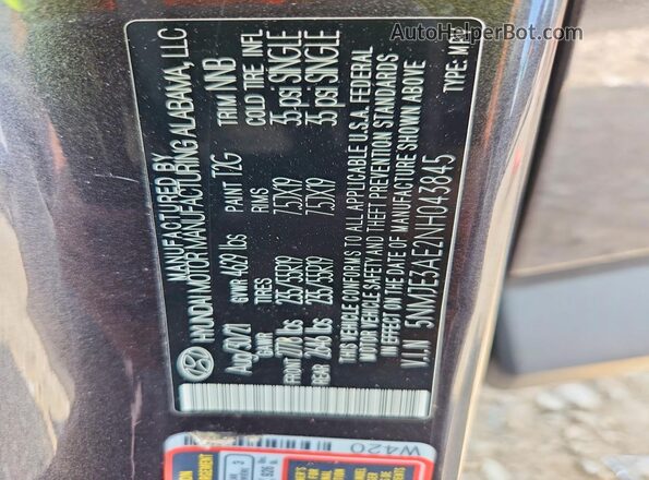 5NMJE3AE2NH043845 2022 HYUNDAI TUCSON Charcoal VIN կոդի պիտակի տեսք