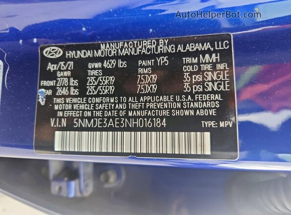 5NMJE3AE3NH016184 2022 HYUNDAI TUCSON Синий Вид подкапотного пространства