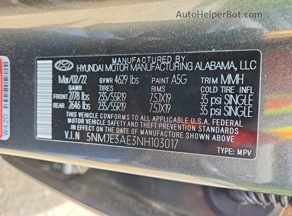 5NMJE3AE3NH103017 2022 HYUNDAI TUCSON Green 360 interior view
